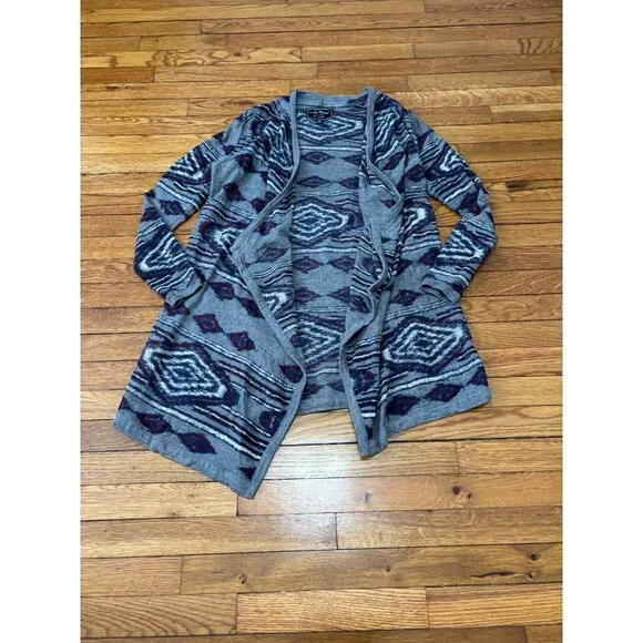 Lucky Brand Womens Open Front Cardigan Sweater Size Small Gray Blue Aztec Knit - Picture 1 of 6